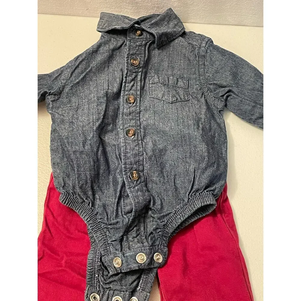 Carters baby 2 piece‎ denim top snap closure red suspender pants 3 month set